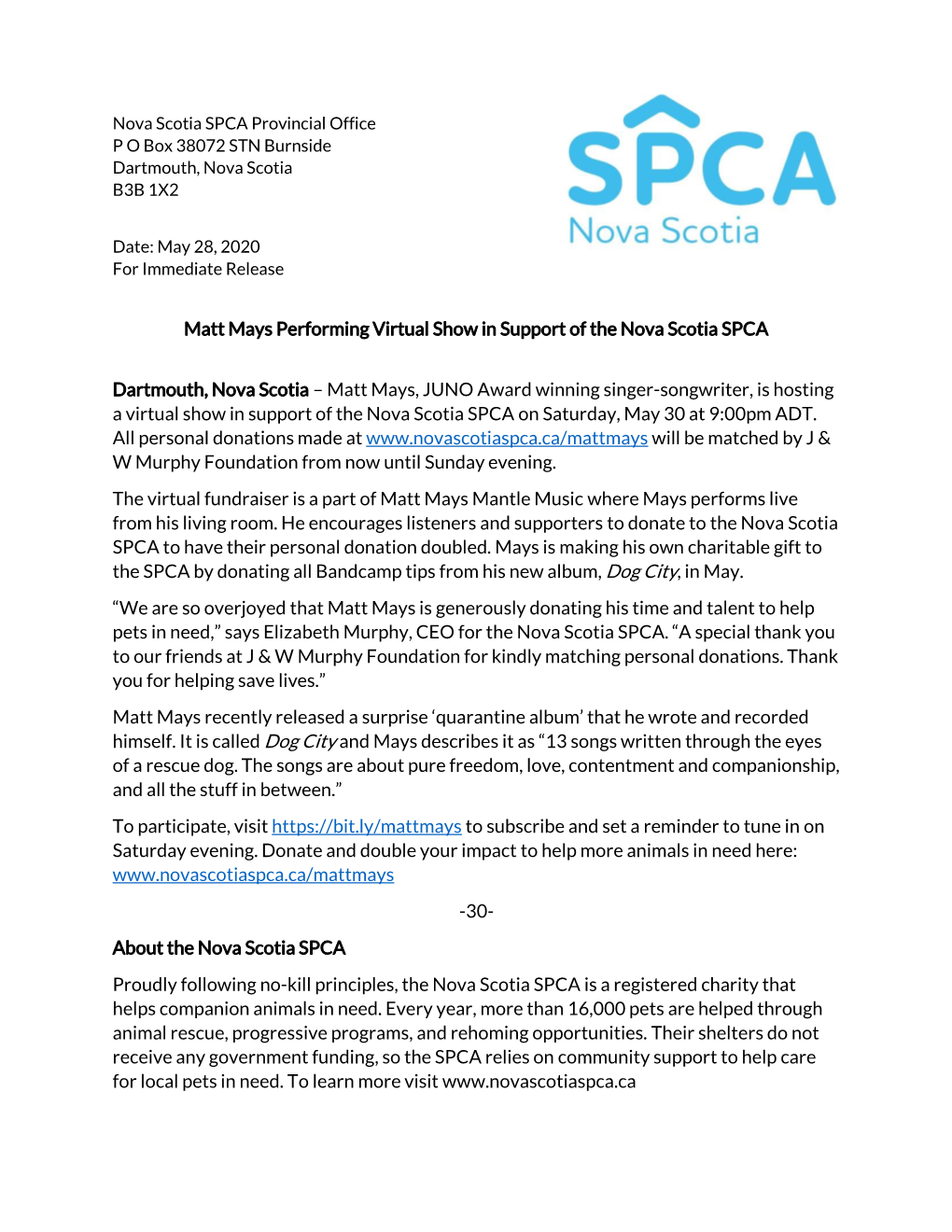 Matt Mays Performing Virtual Show in Support of the Nova Scotia SPCA