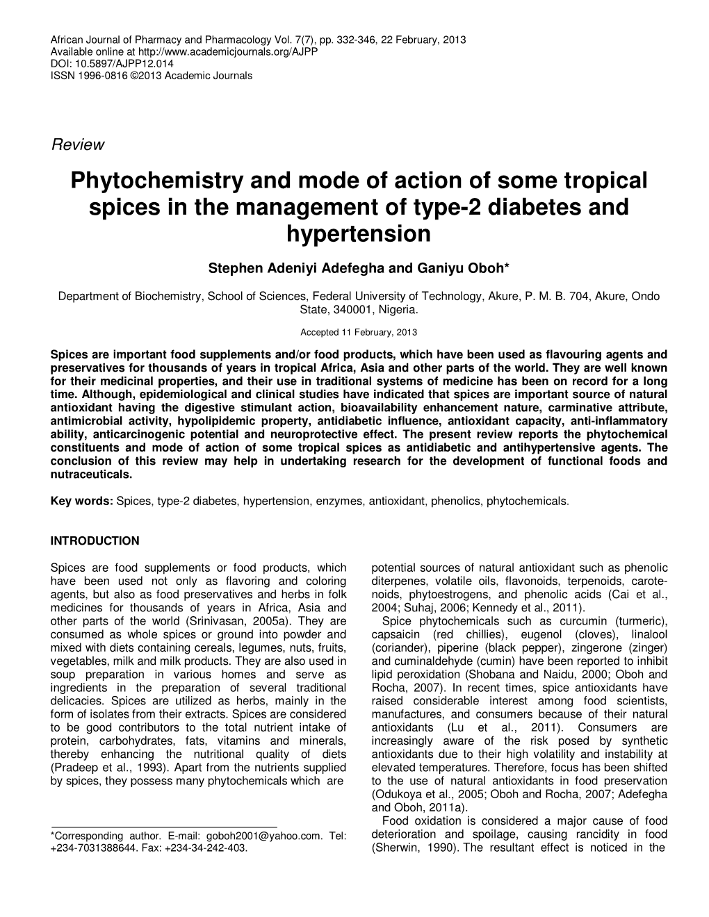 Phytochemistry and Mode of Action of Some Tropical Spices in the Management of Type-2 Diabetes and Hypertension