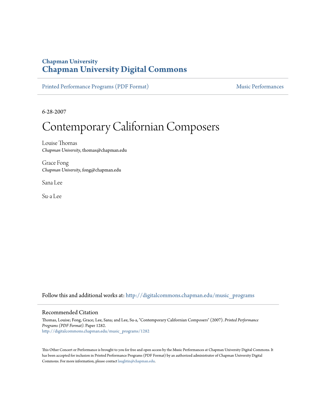 Contemporary Californian Composers Louise Thomas Chapman University, Thomas@Chapman.Edu