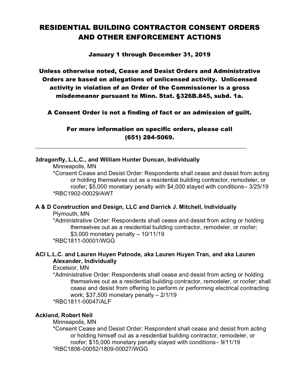 Residential Building Contractor Consent Orders and Other Enforcement Actions