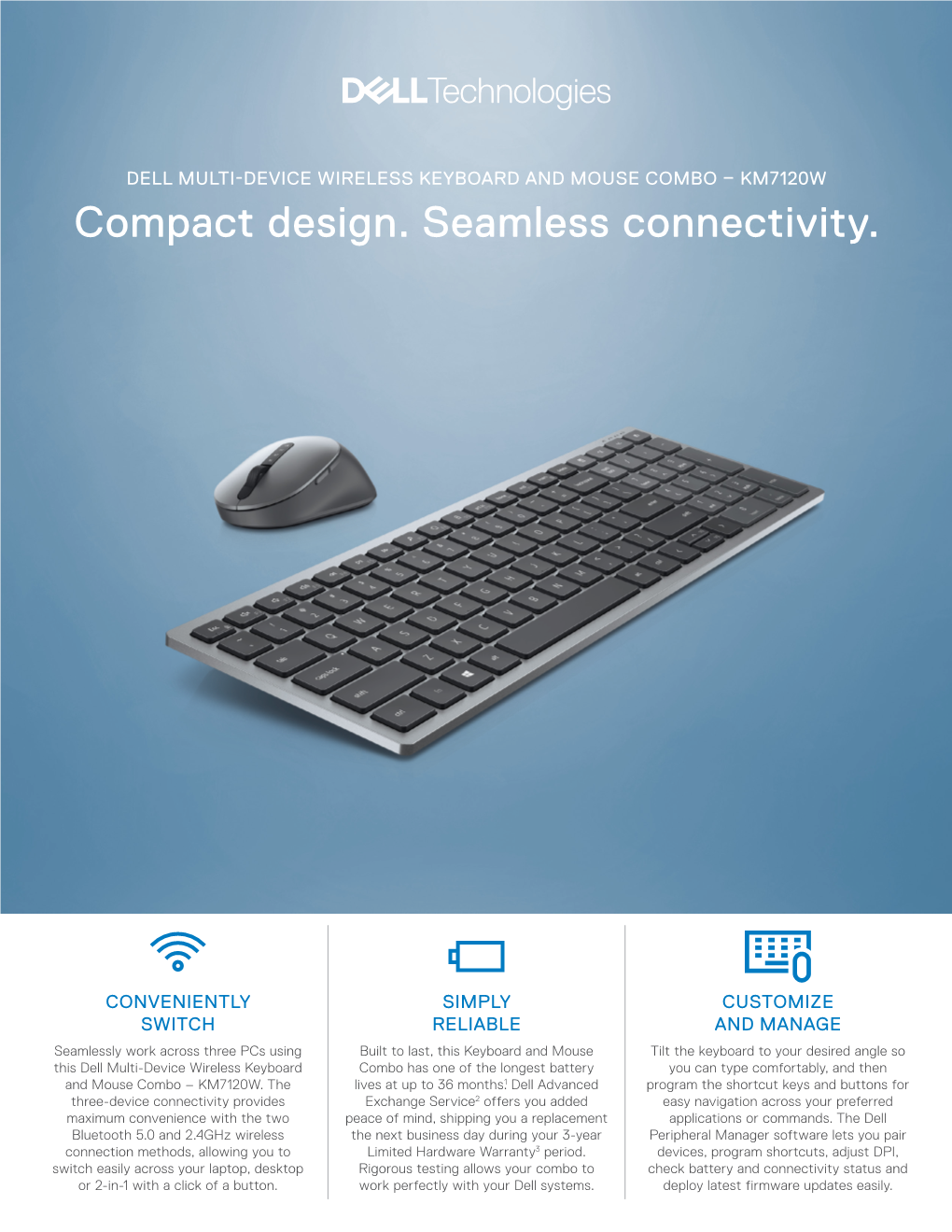 DELL MULTI-DEVICE WIRELESS KEYBOARD and MOUSE COMBO – KM7120W Compact Design