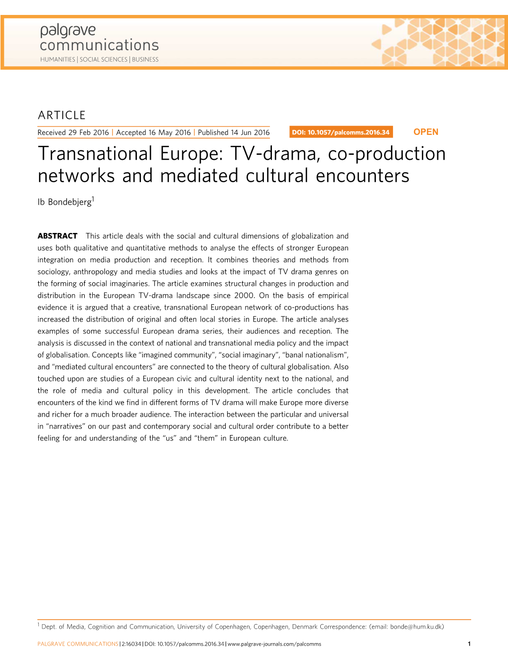 Transnational Europe: TV-Drama, Co-Production Networks and Mediated Cultural Encounters