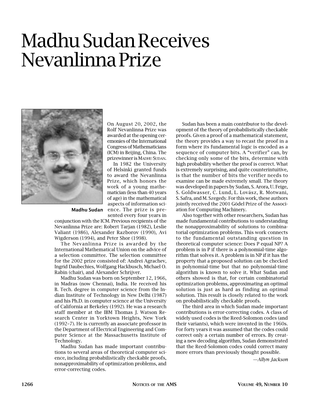 Madhu Sudan Receives Nevanlinna Prize, Volume 49, Number 10