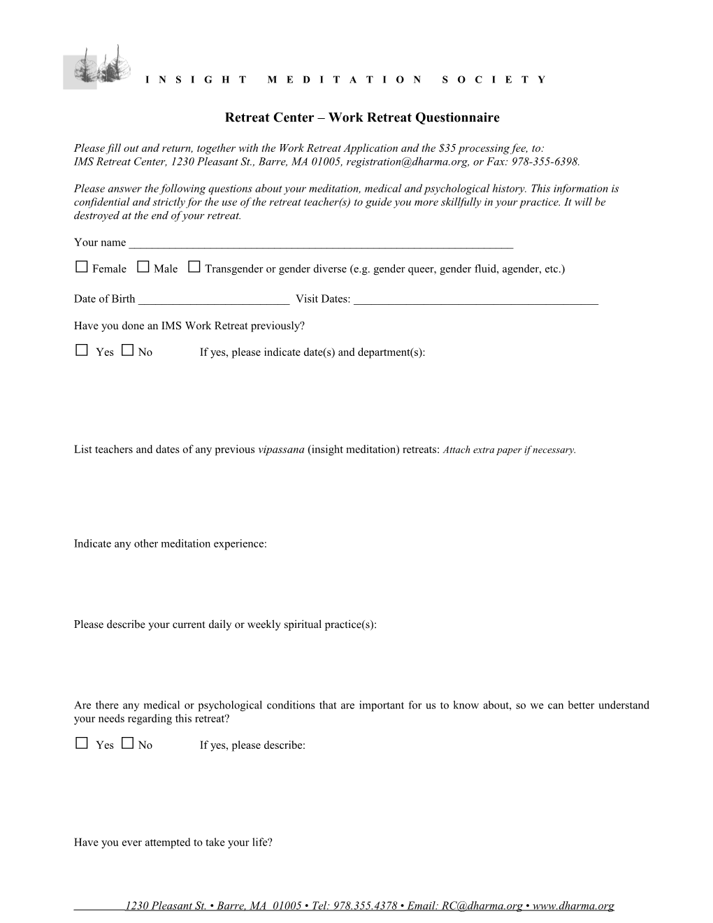 Retreat Center Work Retreat Questionnaire