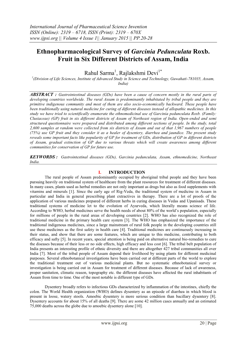 Ethnopharmacological Survey of Garcinia Pedunculata Roxb. Fruit in Six Different Districts of Assam, India