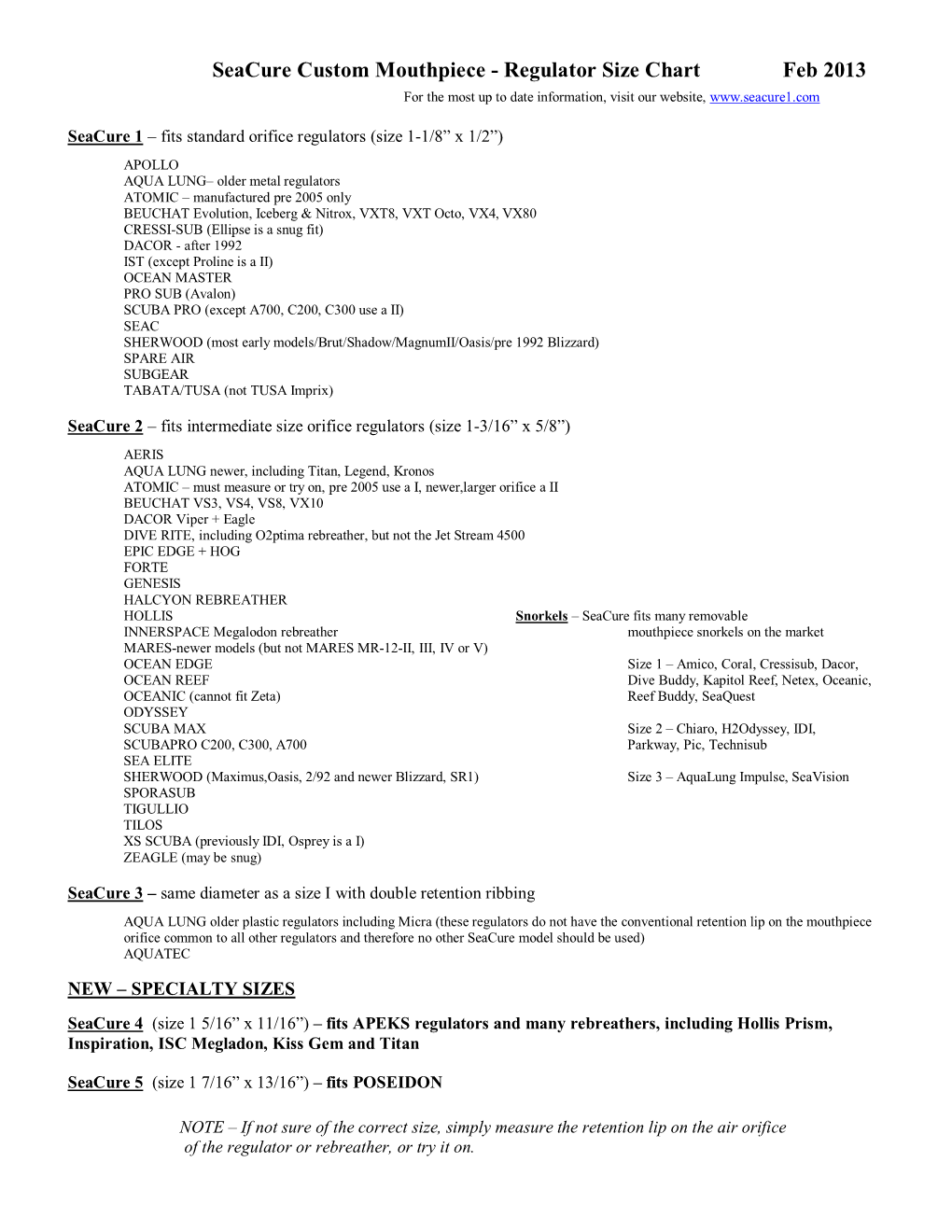 Seacure Size Chart