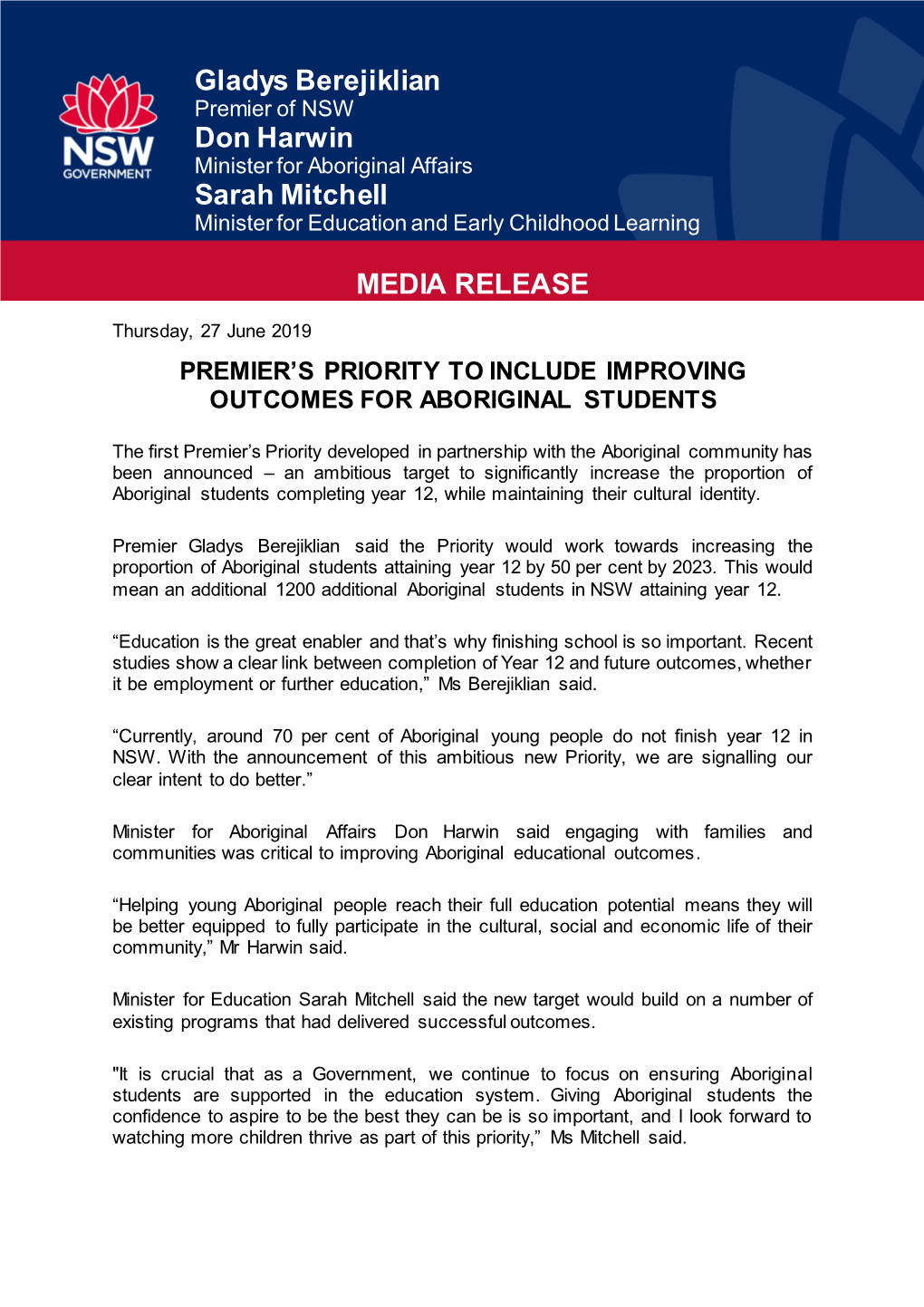 Gladys Berejiklian Don Harwin Sarah Mitchell MEDIA RELEASE