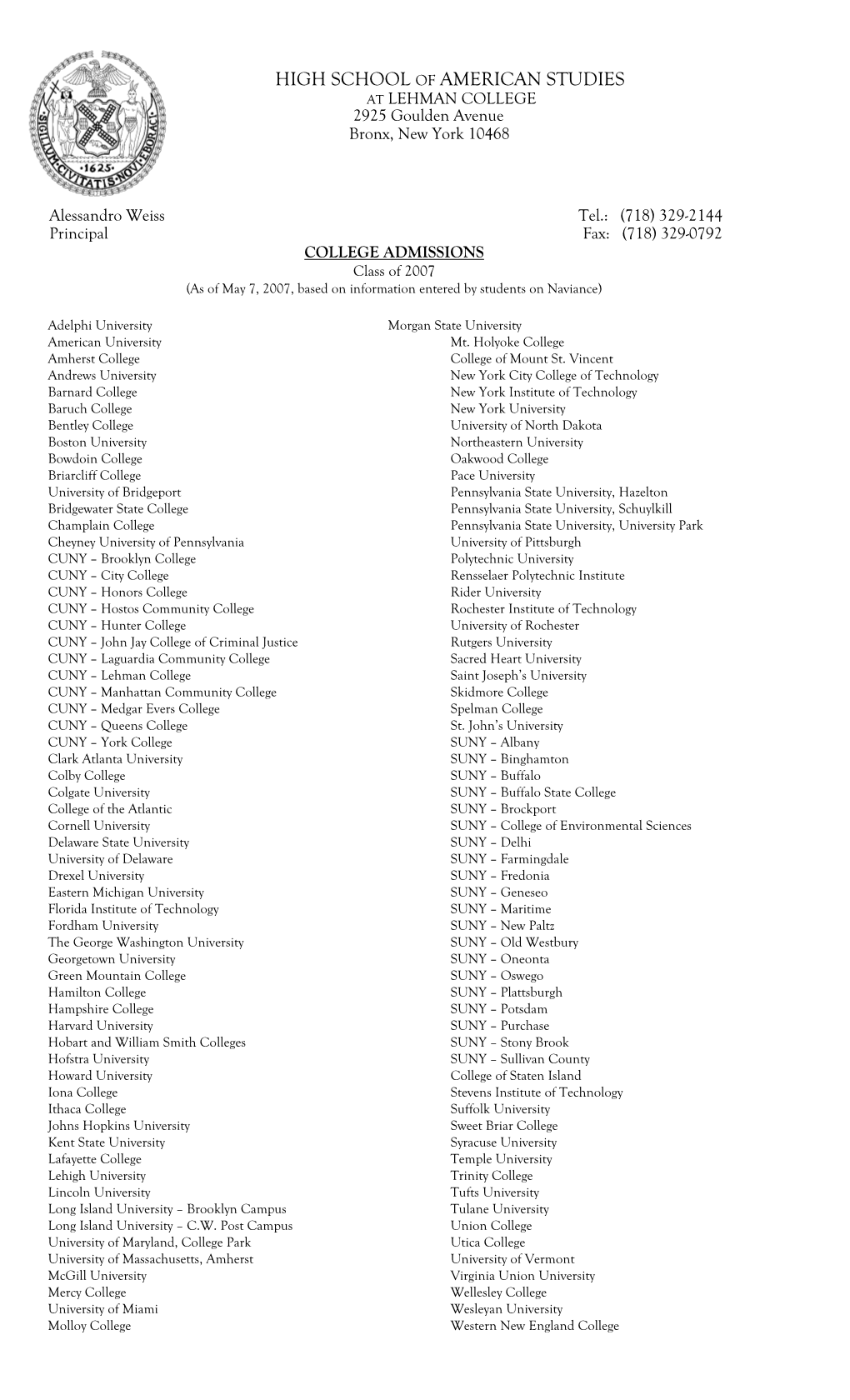 Class of 2007 College Acceptances