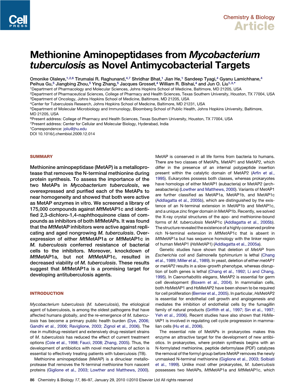 Methionine Aminopeptidases from Mycobacterium Tuberculosis As Novel Antimycobacterial Targets