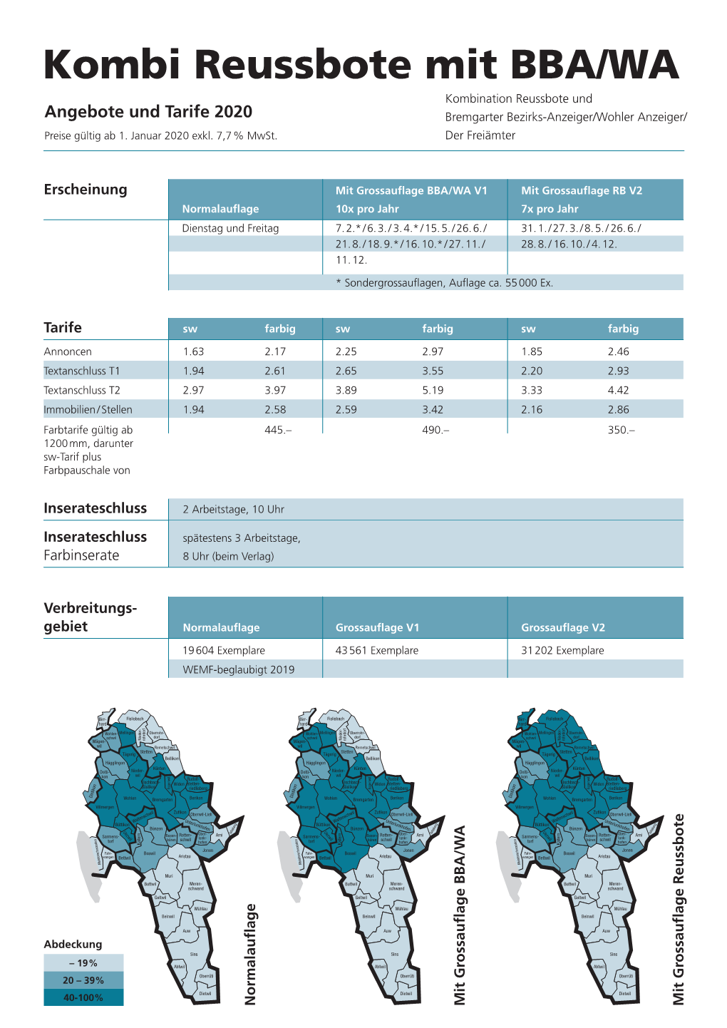 Kombi Reussbote Mit BBA/WA Kombination Reussbote Und Angebote Und Tarife 2020 Bremgarter Bezirks-Anzeiger/Wohler Anzeiger/ Preise Gültig Ab 1