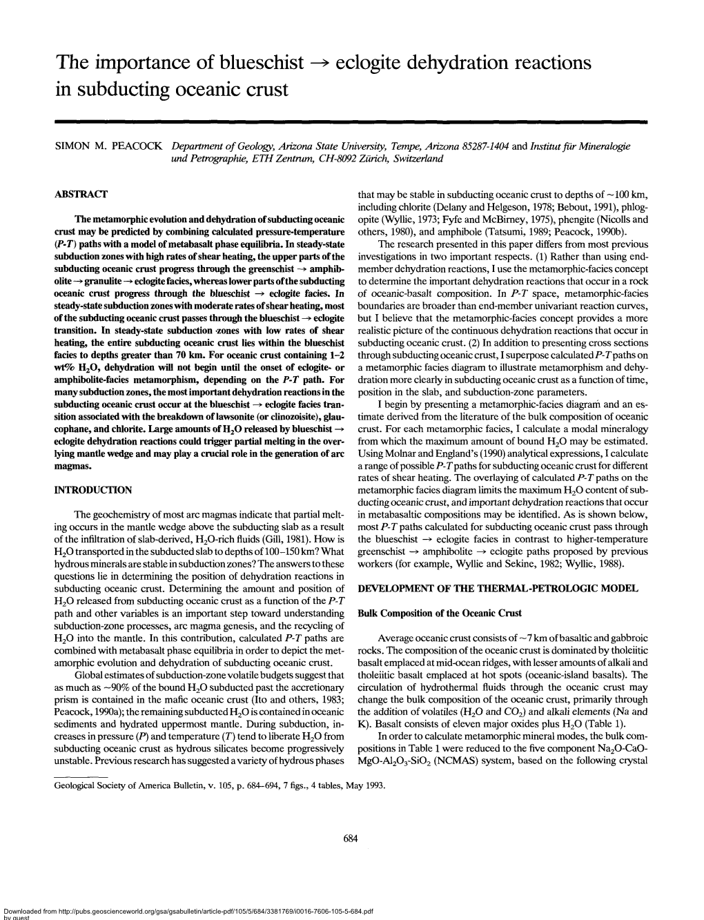 The Importance of Blueschist —» Eclogite Dehydration Reactions in Subducting Oceanic Crust