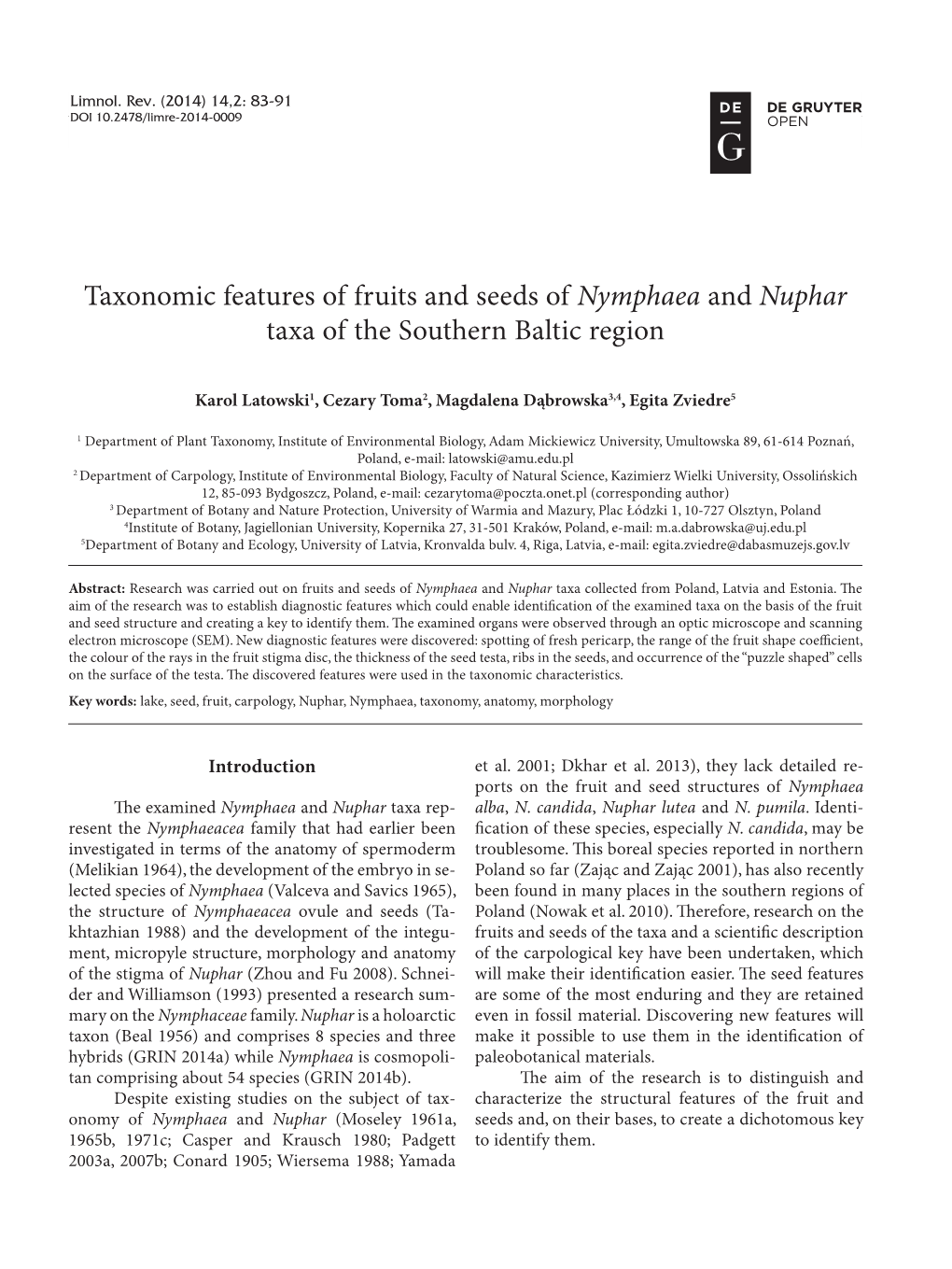 Taxonomic Features of Fruits and Seeds of Nymphaea and Nuphar Taxa of the Southern Baltic Region