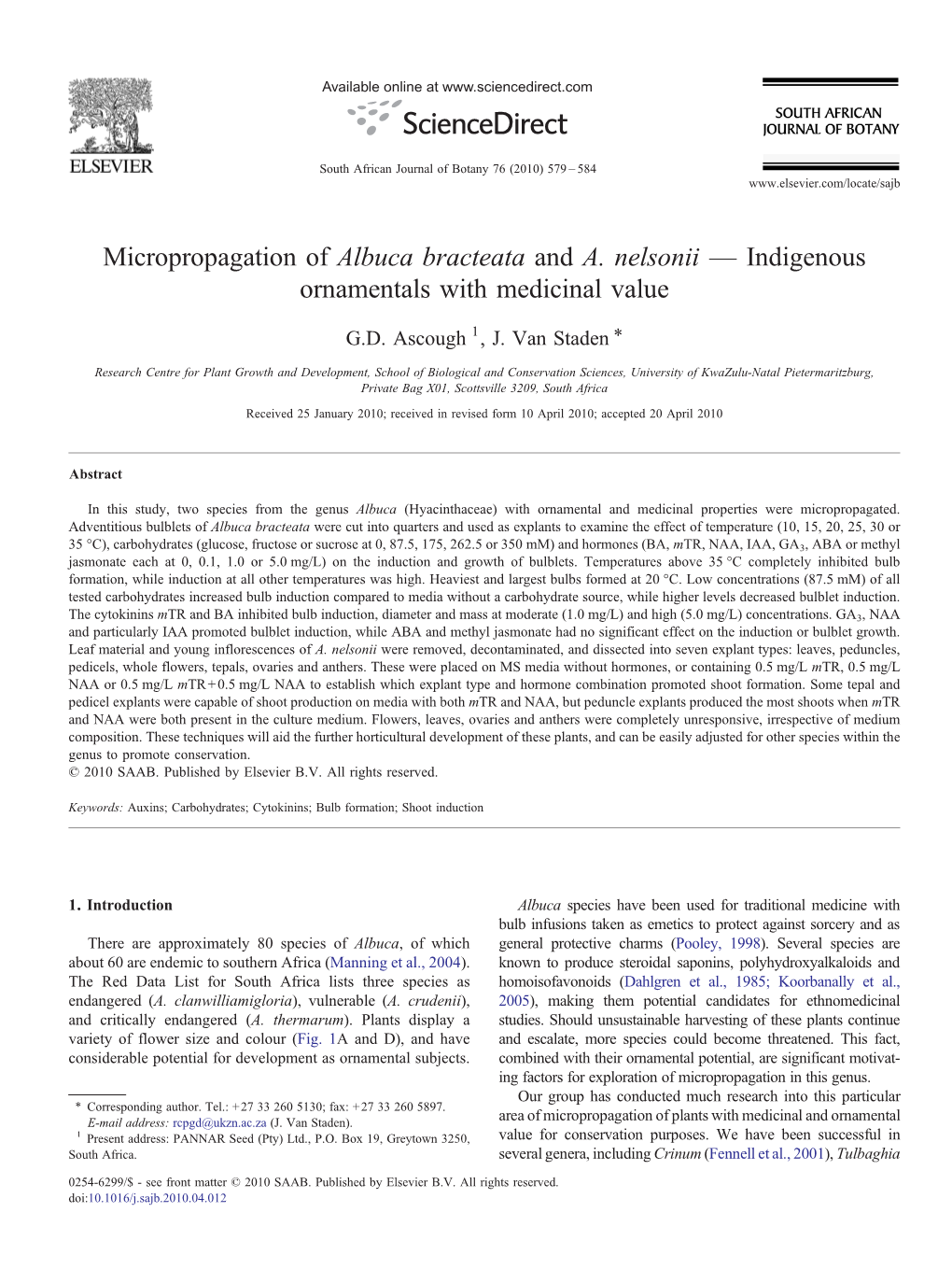 Micropropagation of Albuca Bracteata and A. Nelsonii — Indigenous Ornamentals with Medicinal Value ⁎ G.D