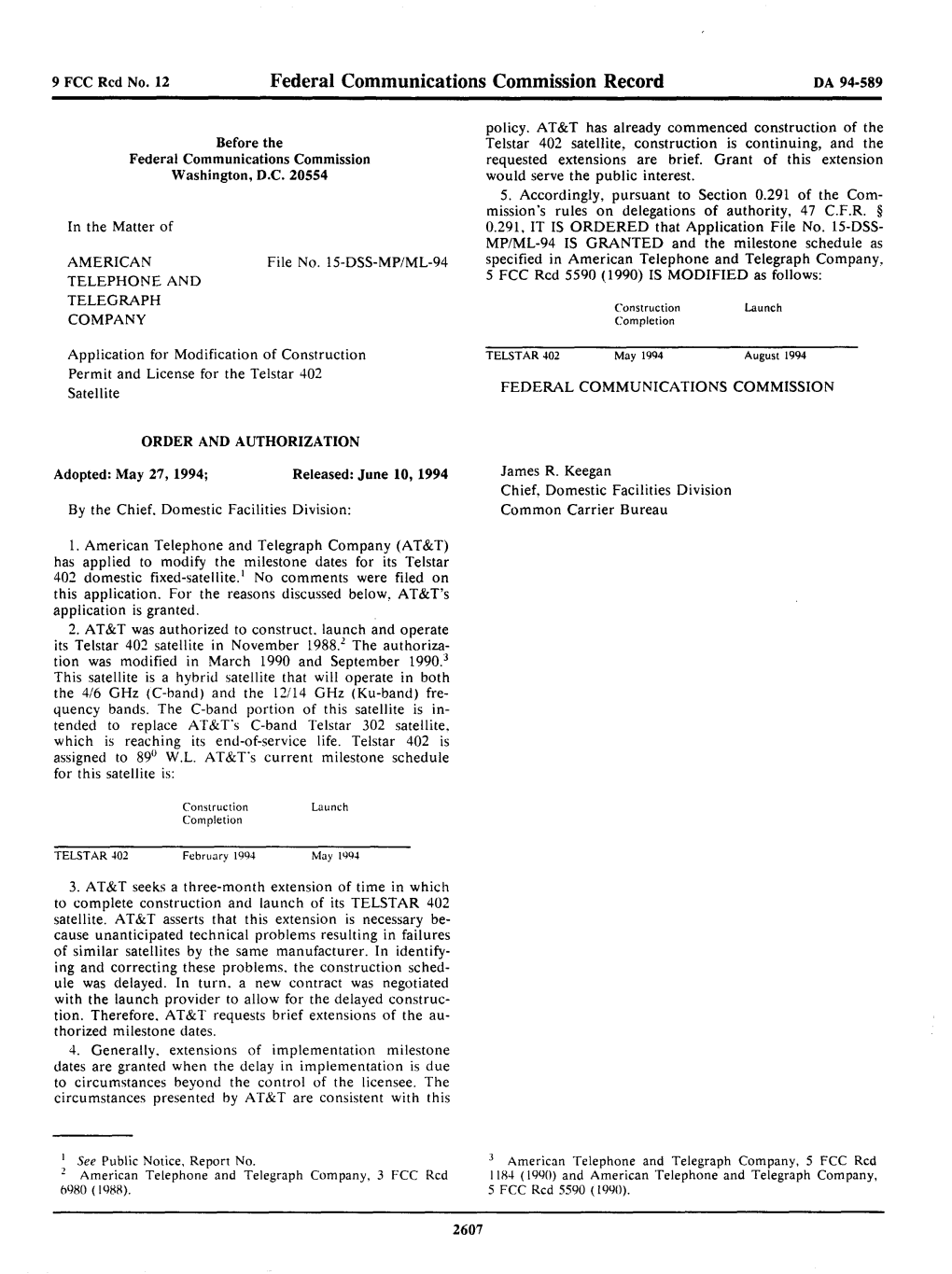 Federal Communications Commission Record DA 94-589