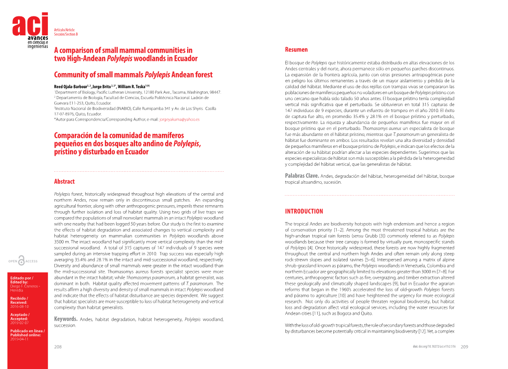 A Comparison of Small Mammal Communities in Two High-Andean Polylepis Woodlands in Ecuador Ojala-Barbour / Brito / Teska (2019)