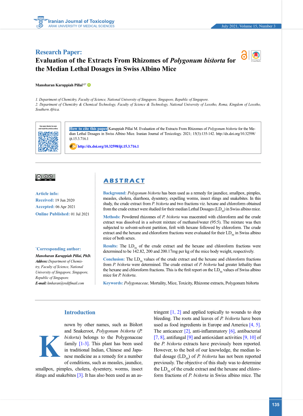 Evaluation of the Extracts from Rhizomes of Polygonum Bistorta for the Median Lethal Dosages in Swiss Albino Mice