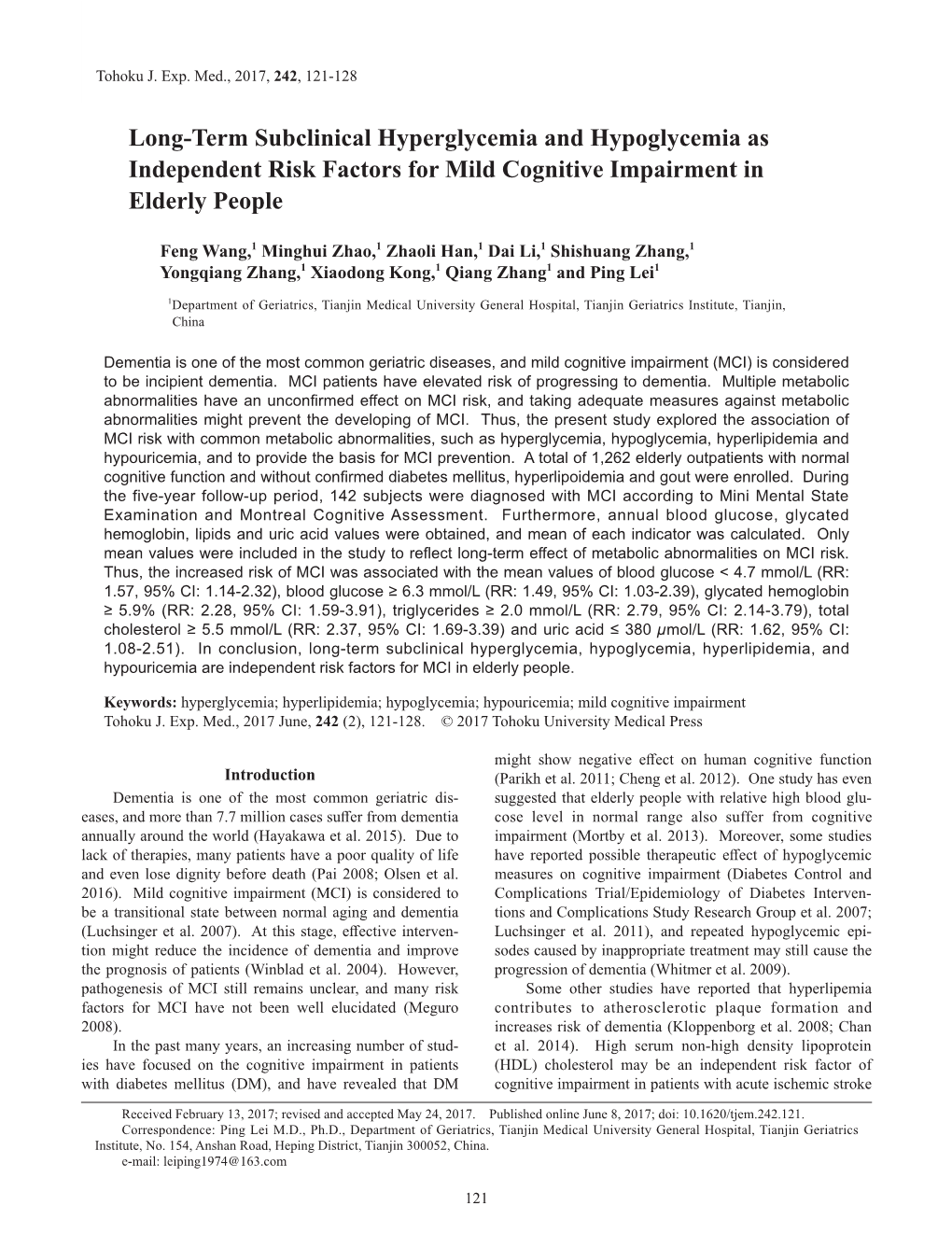 Long-Term Subclinical Hyperglycemia and Hypoglycemia As Independent Risk Factors for Mild Cognitive Impairment in Elderly People