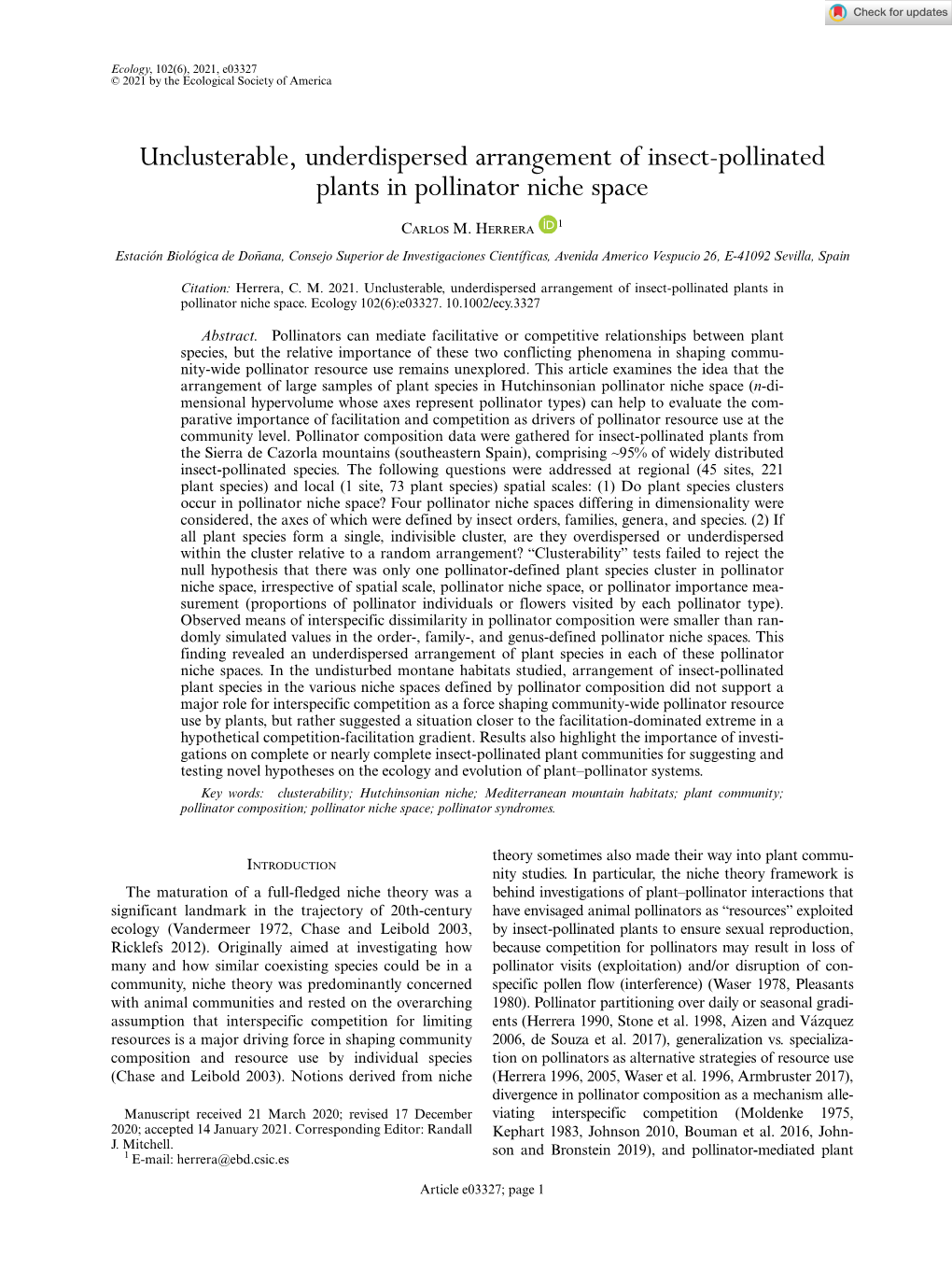 Unclusterable, Underdispersed Arrangement of Insect‐Pollinated