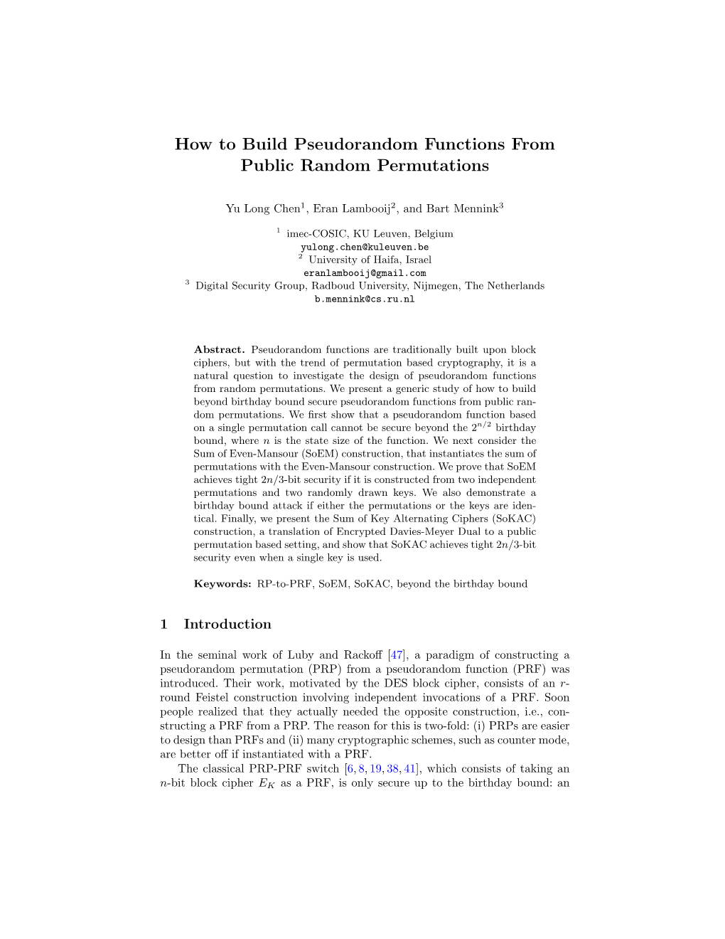 How to Build Pseudorandom Functions from Public Random Permutations