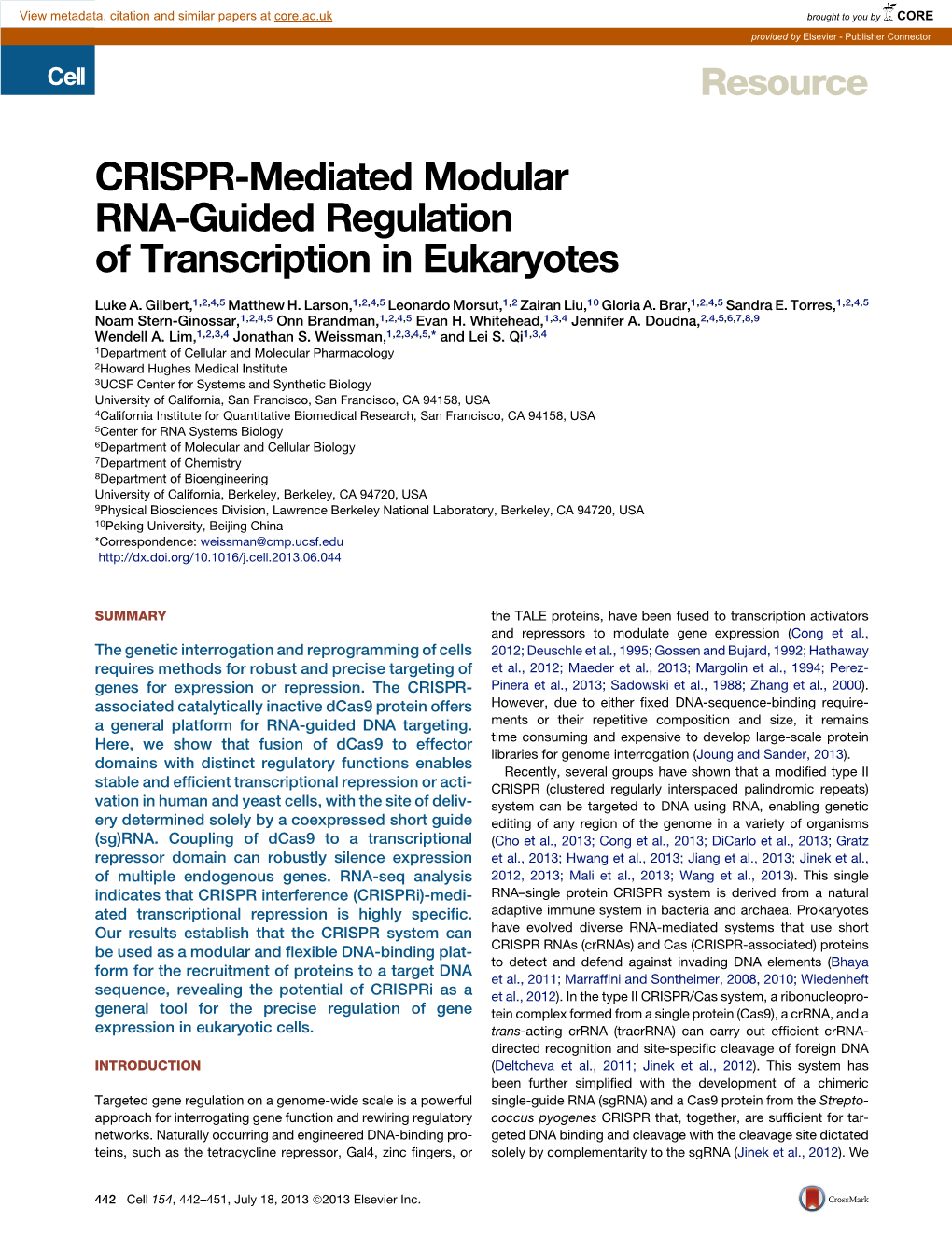 CRISPR-Mediated Modular RNA-Guided Regulation of Transcription in Eukaryotes