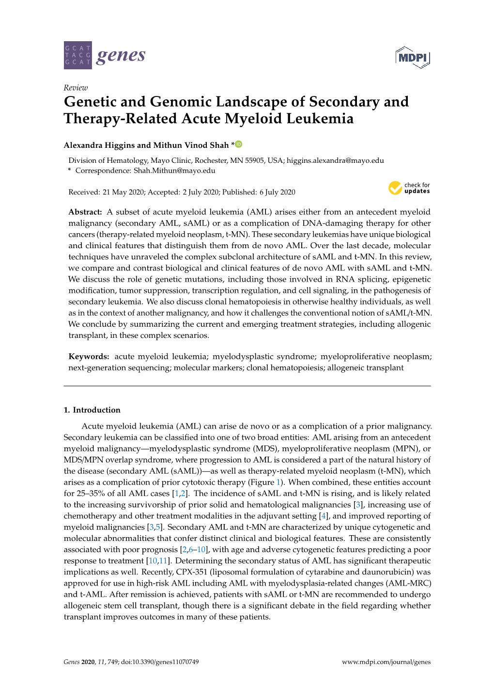 Genetic and Genomic Landscape of Secondary and Therapy-Related Acute Myeloid Leukemia