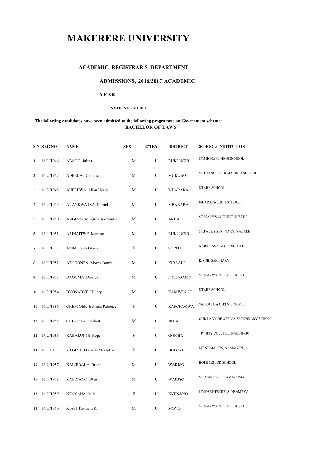 Academic Registrar's Department Admissions, 2016/2017 Academic Year