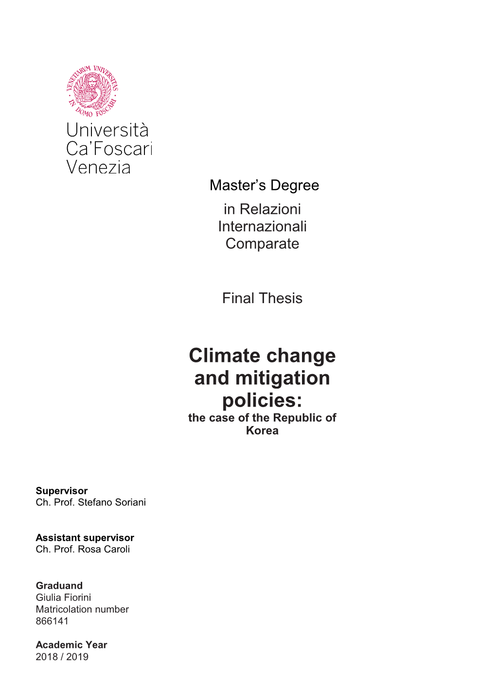 Climate Change and Mitigation Policies: the Case of the Republic of Korea