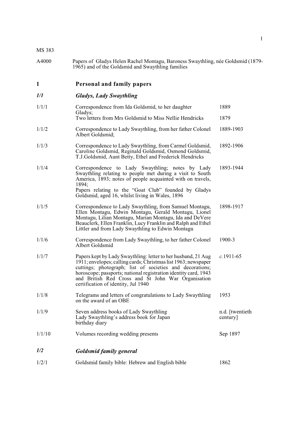 1 Personal and Family Papers Gladys, Lady Swaythling Goldsmid Family