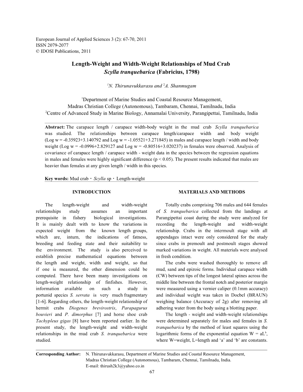 Length-Weight and Width-Weight Relationships of Mud Crab Scylla Tranquebarica (Fabricius, 1798)