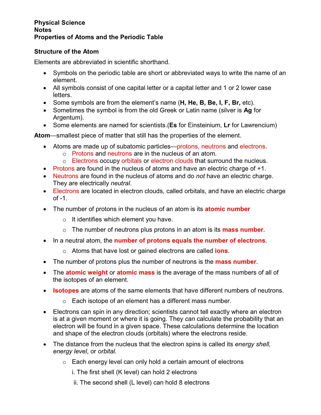 Physical Science Notes Properties of Atoms and the Periodic Table