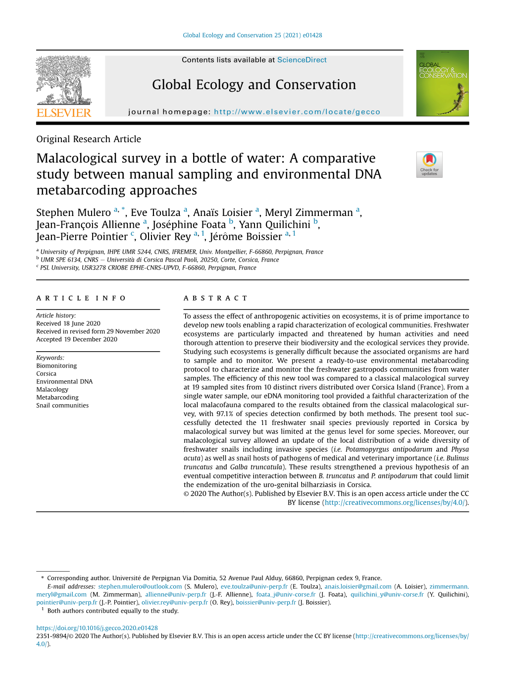Malacological Survey in a Bottle of Water: a Comparative Study Between Manual Sampling and Environmental DNA Metabarcoding Approaches