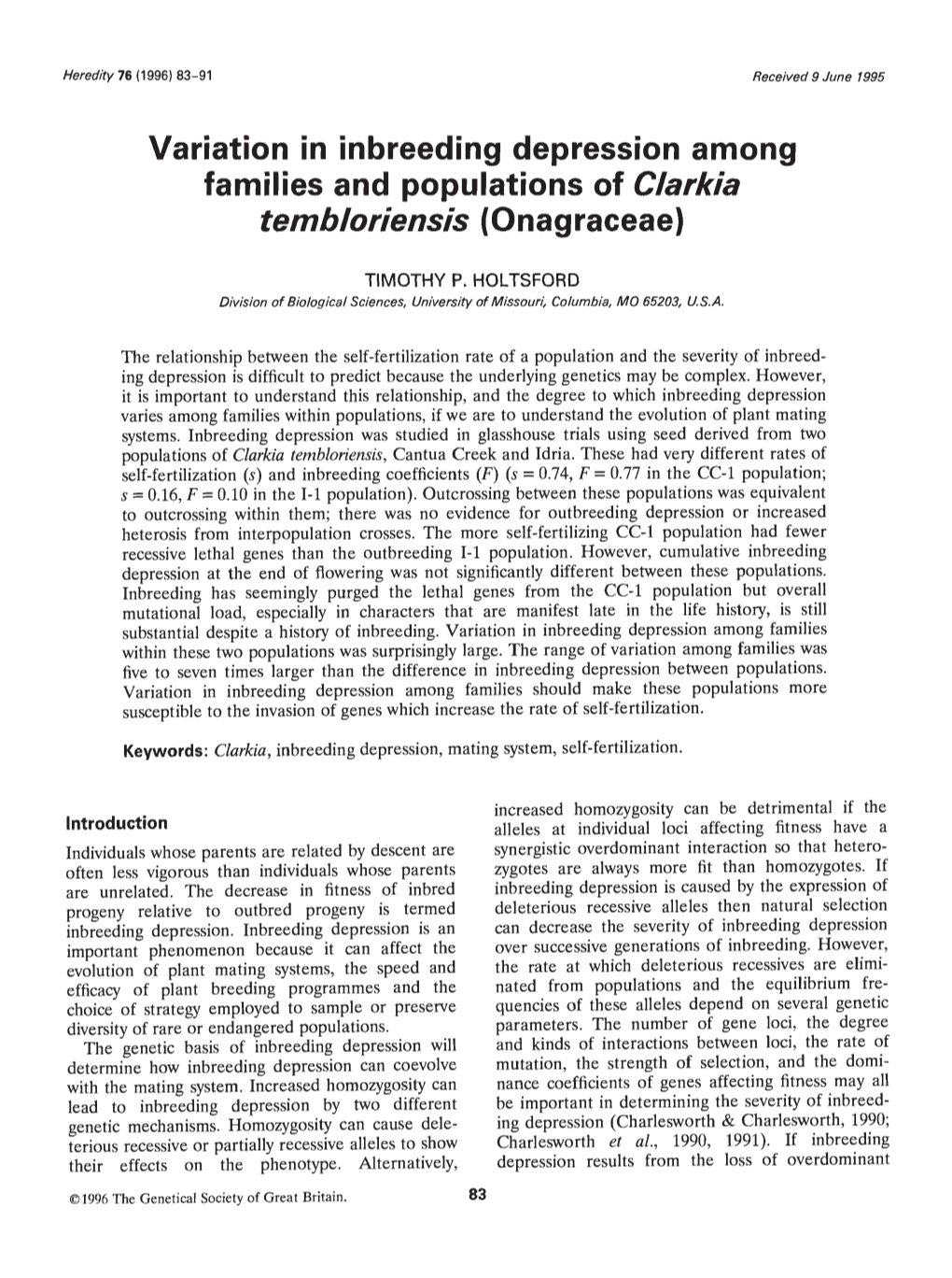 Variation in Inbreeding Depression Among Families and Populations of Clarkia Tembloriensis (Onagraceae)