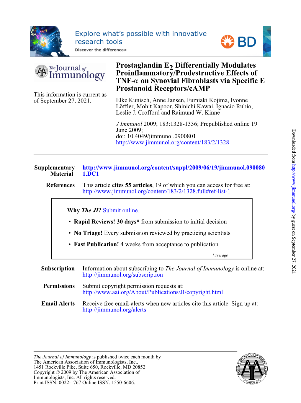 Prostanoid Receptors/Camp on Synovial Fibroblasts Via Specific E