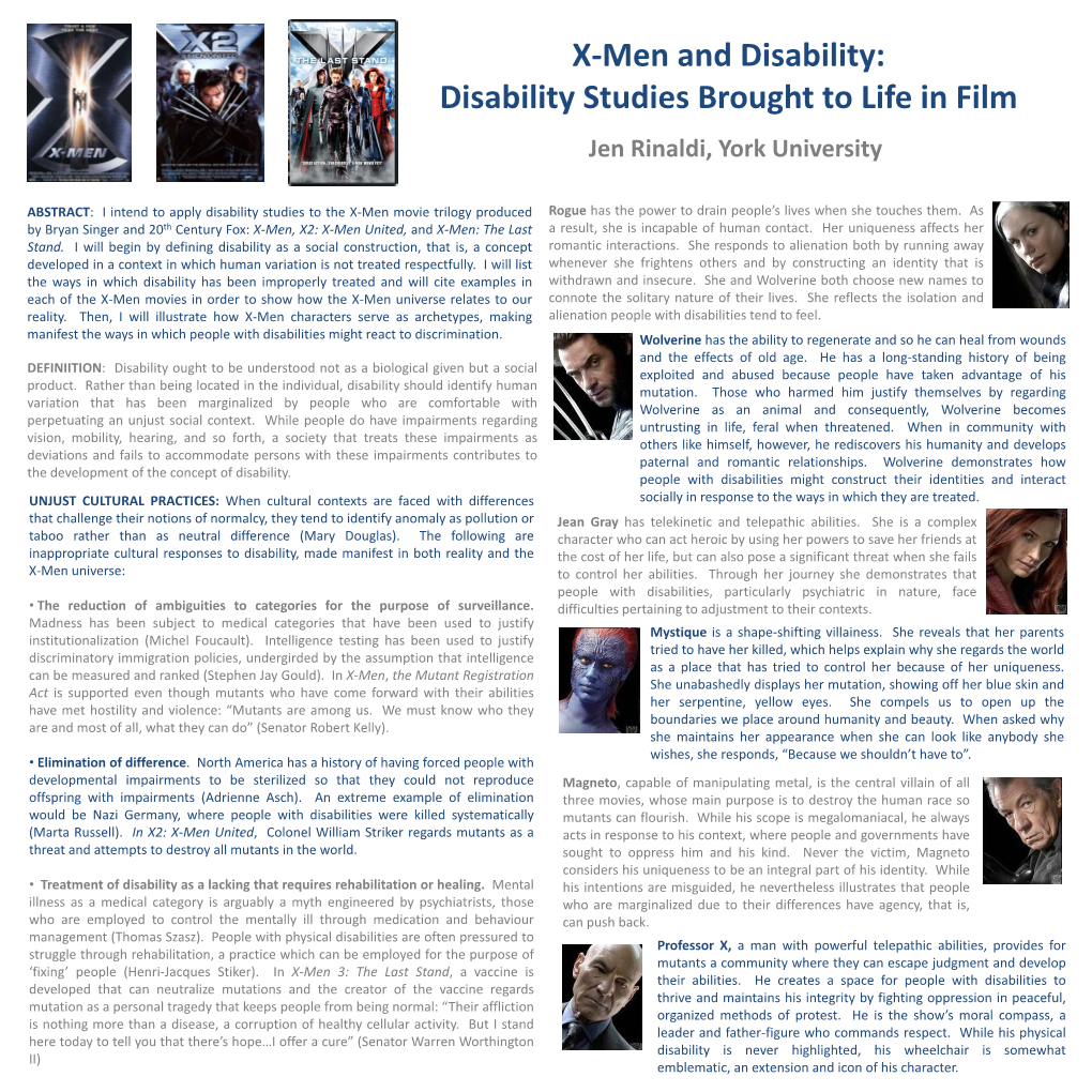 X-Men and Disability: Disability Studies Brought to Life in Film Jen Rinaldi, York University