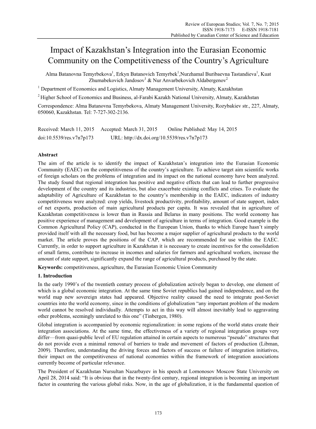 Impact of Kazakhstan's Integration Into the Eurasian Economic Community