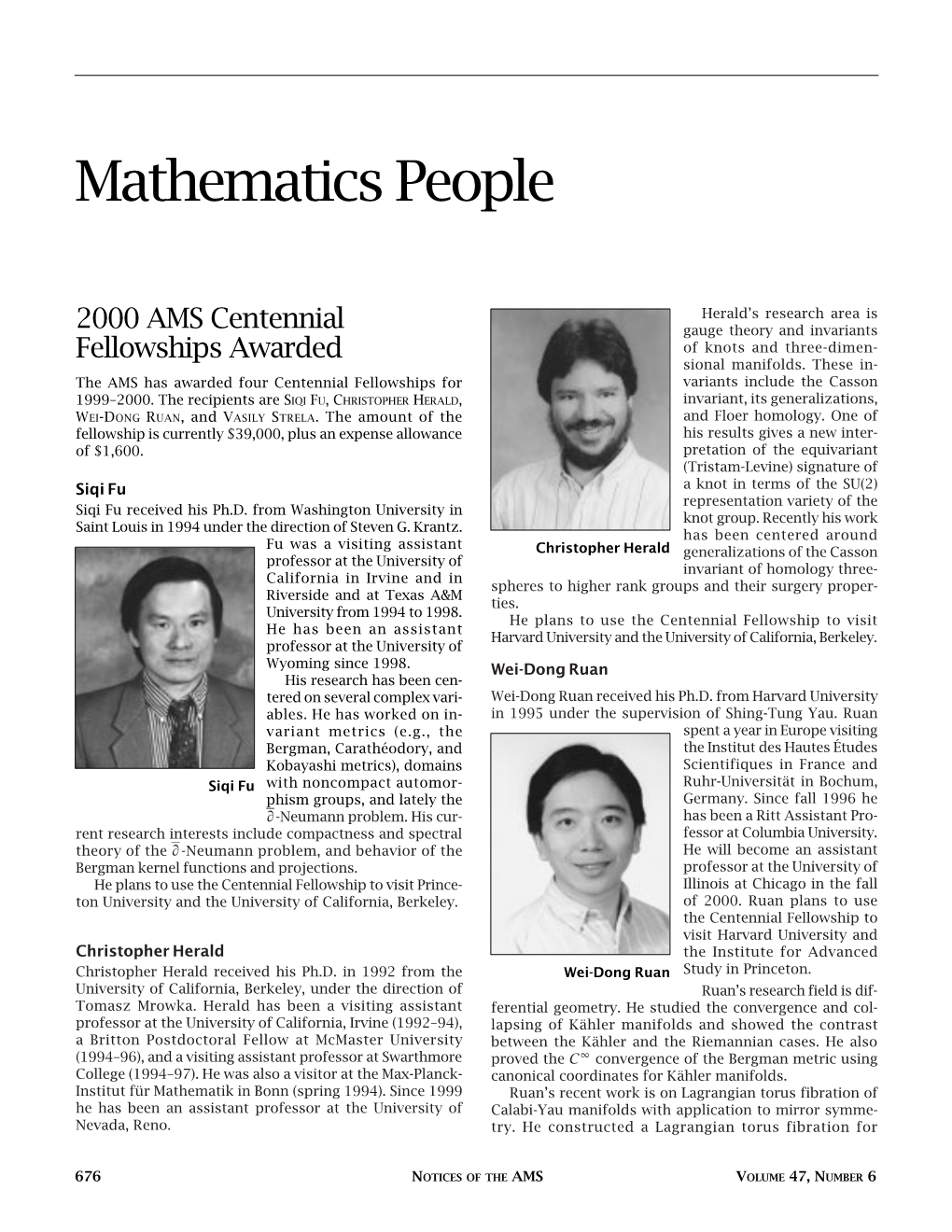 Mathematics People, Volume 47, Number 6