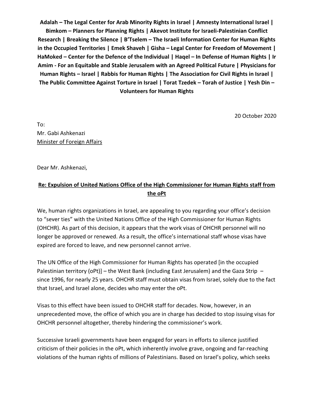 Letter to Israel's Minister of Foreign Affairs