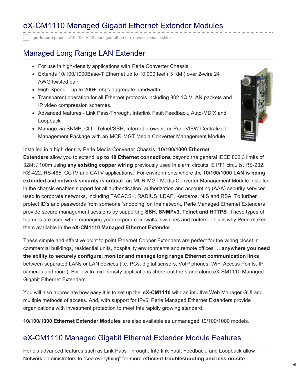 Perle Ex-CM1110 Managed Gigabit Ethernet Extender Modules Datasheet