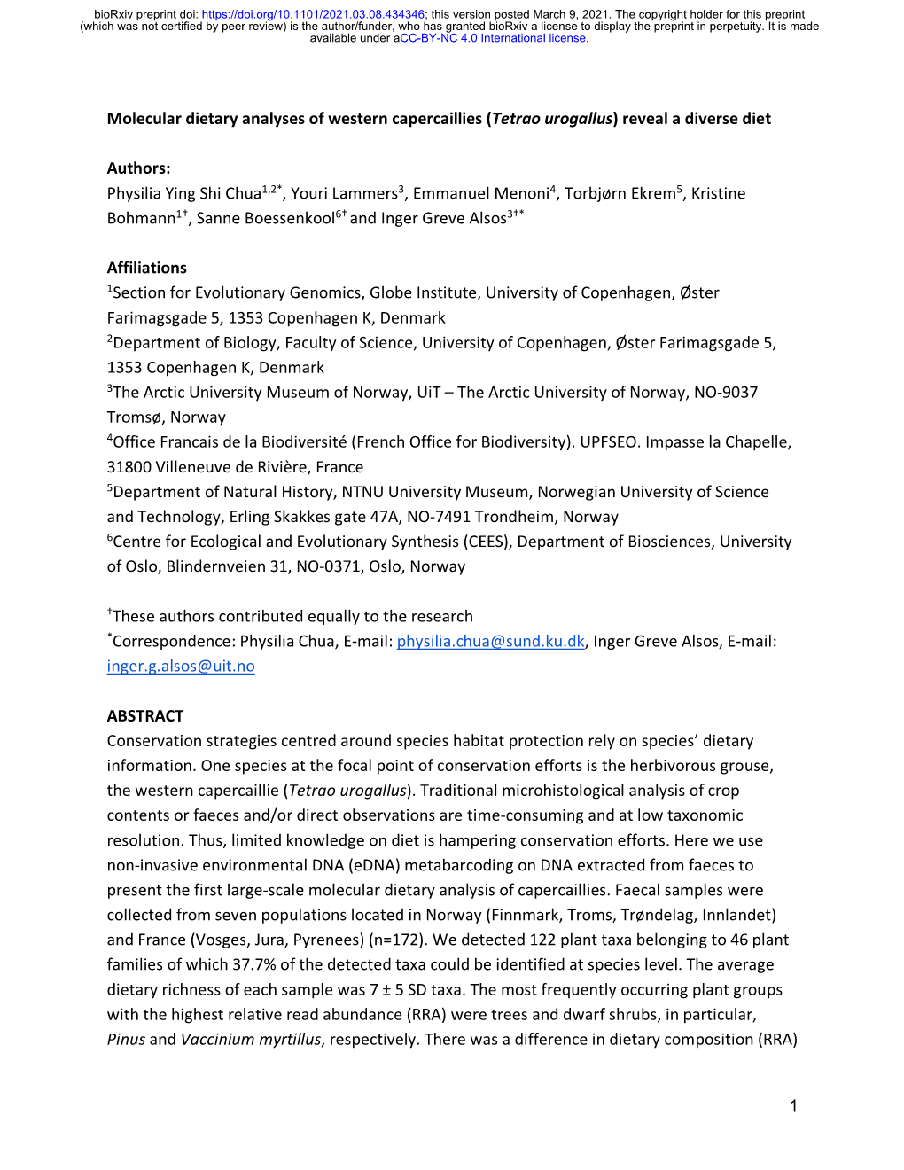 Molecular Dietary Analyses of Western Capercaillies (Tetrao Urogallus) Reveal a Diverse Diet