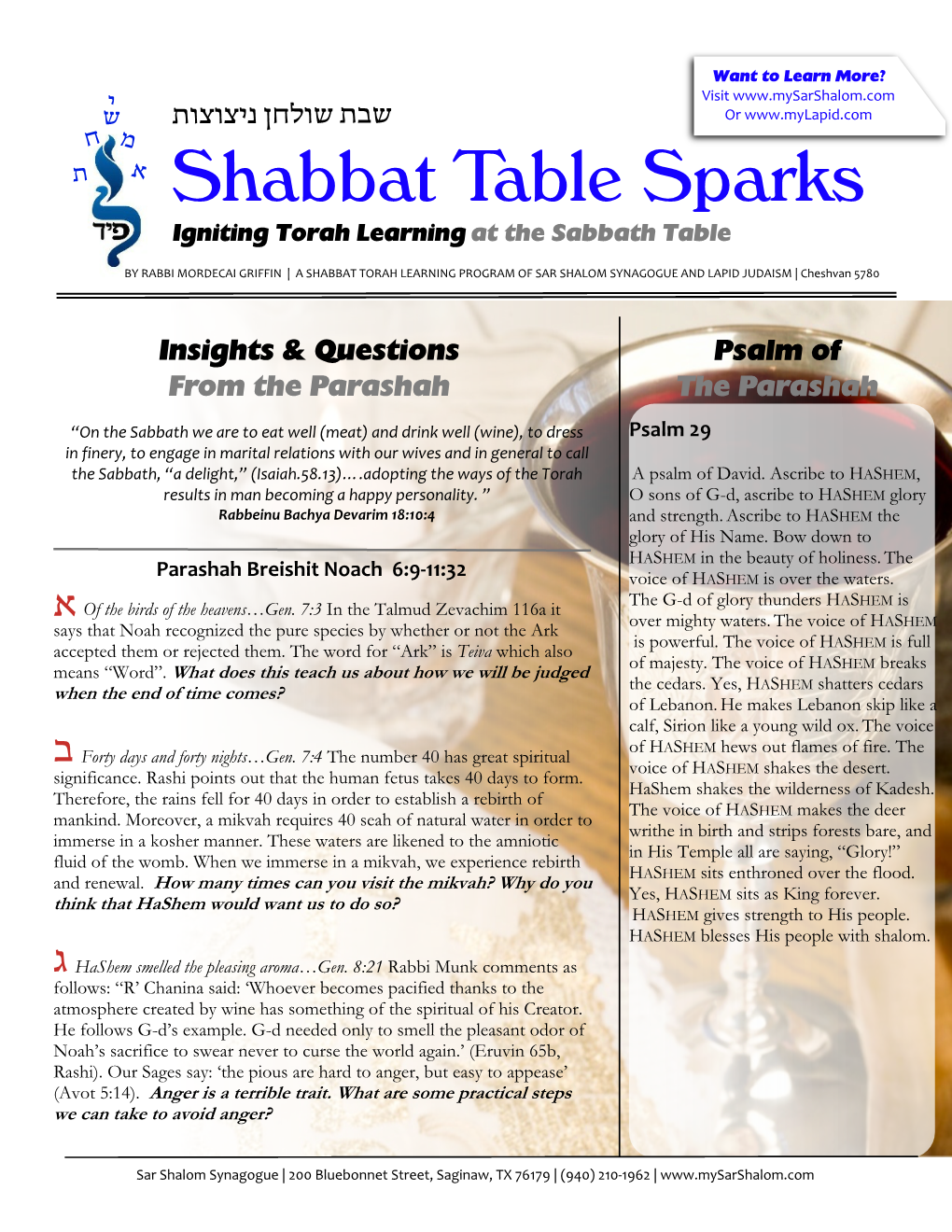 Shabbat Table Sparks Noach 5780