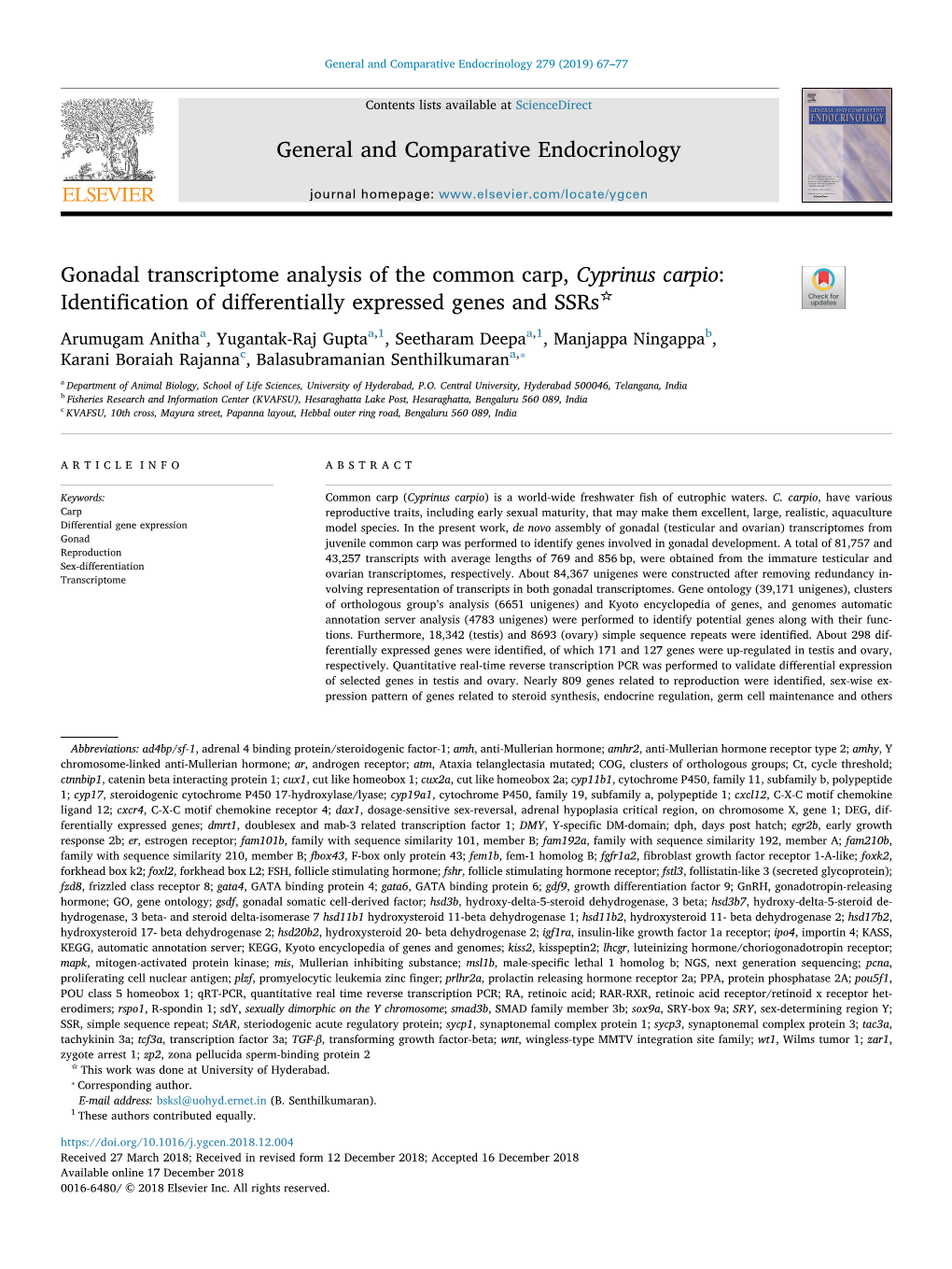 Gonadal Transcriptome Analysis of the Common Carp, Cyprinus Carpio Identification of Differentially Expressed Genes and Ssrs