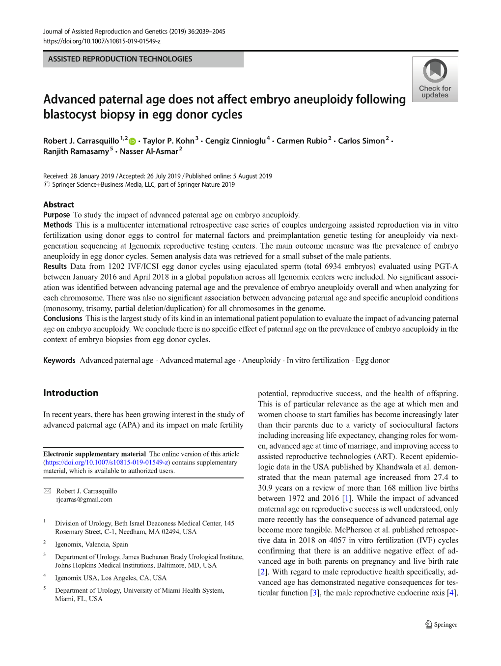 Advanced Paternal Age Does Not Affect Embryo Aneuploidy Following Blastocyst Biopsy in Egg Donor Cycles