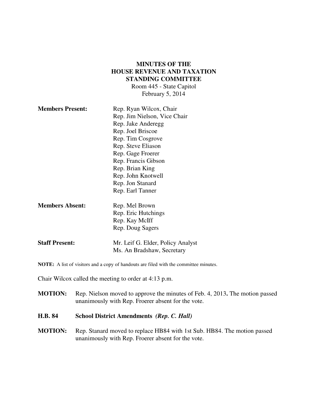 Minutes for House Natural Resources, Agriculture, And