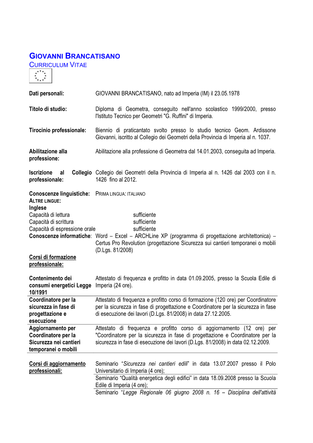 Giovanni Brancatisano Curriculum Vitae