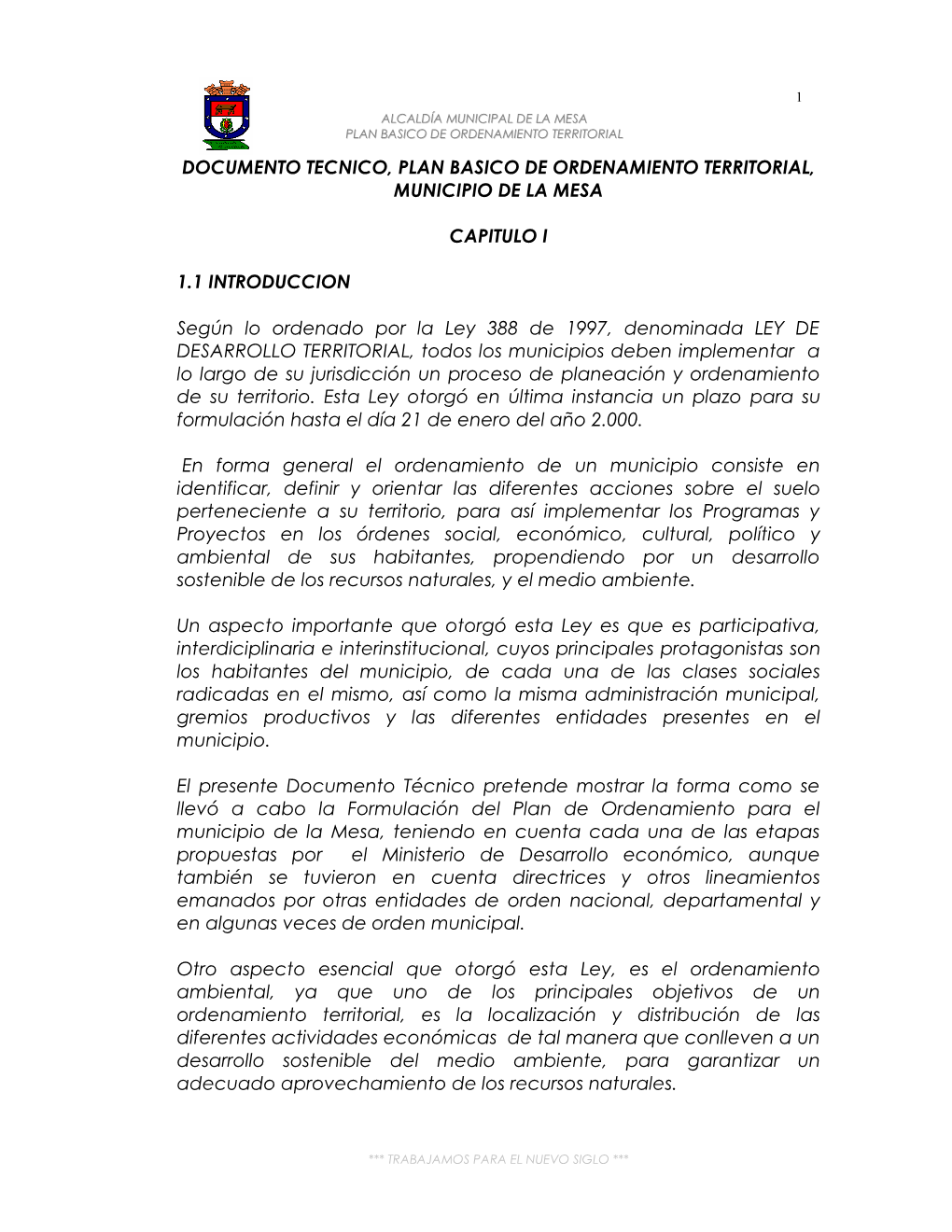 Documento Tecnico, Plan Basico De Ordenamiento Territorial, Municipio De La Mesa