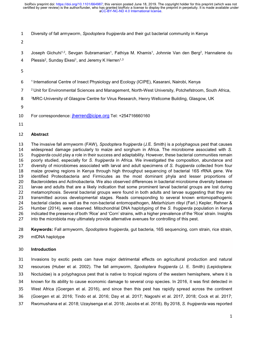 Diversity of Fall Armyworm, Spodoptera Frugiperda and Their Gut Bacterial Community in Kenya 2