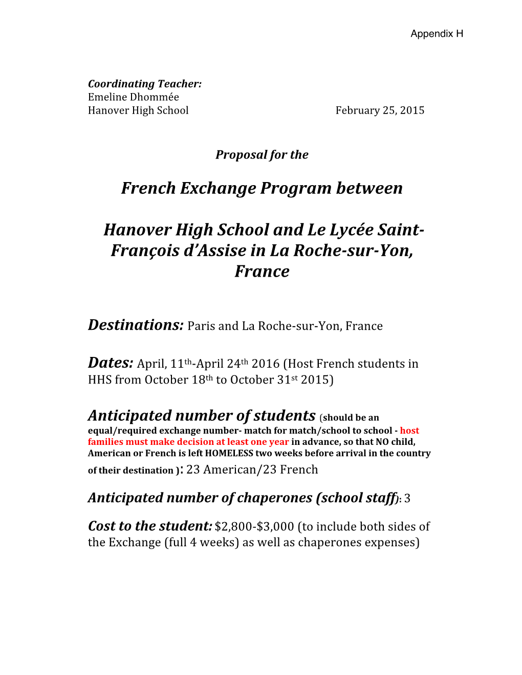 HHS French Exchange Program Proposal