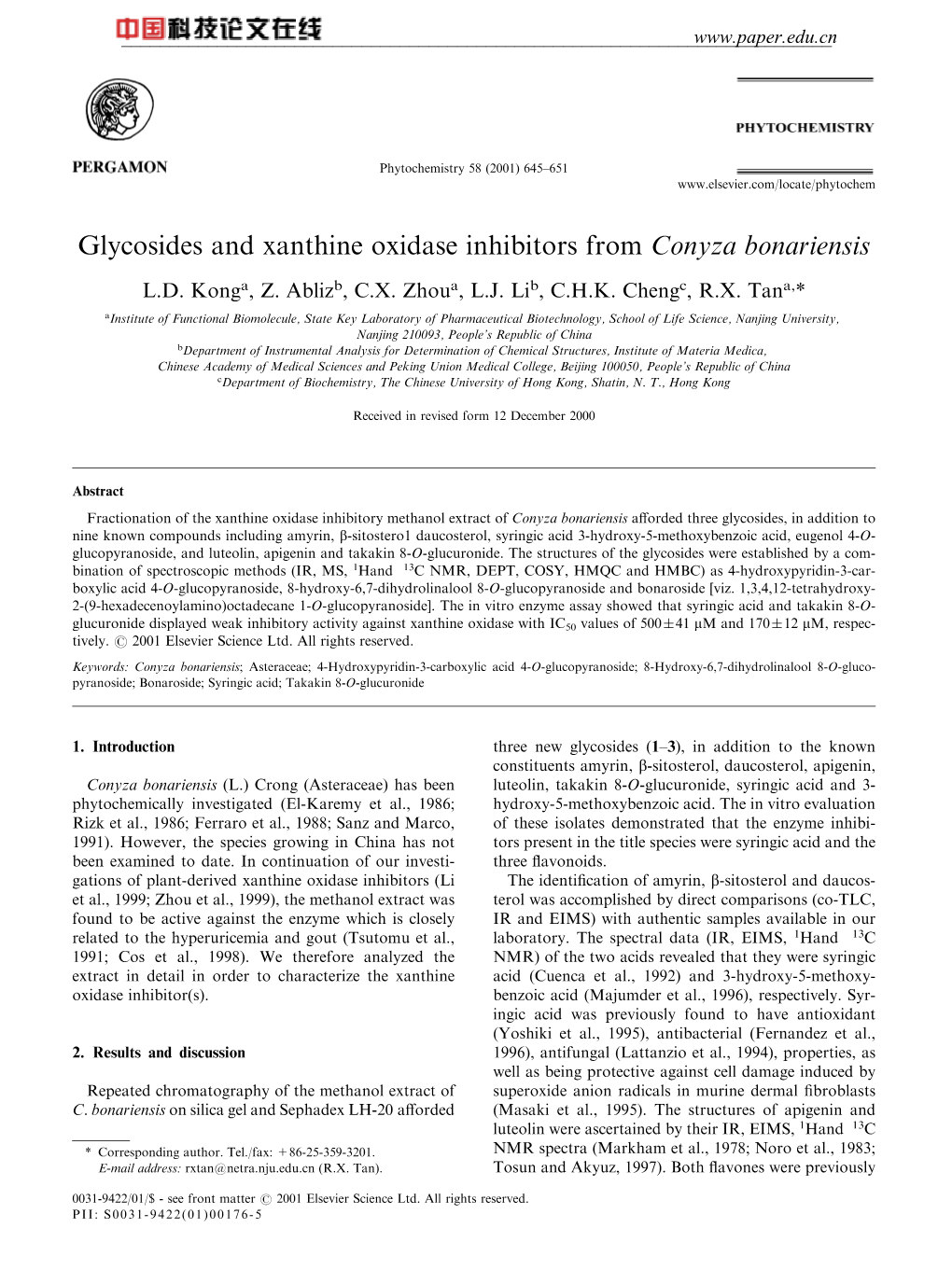 Glycosides and Xanthine Oxidase Inhibitors from Conyza Bonariensis