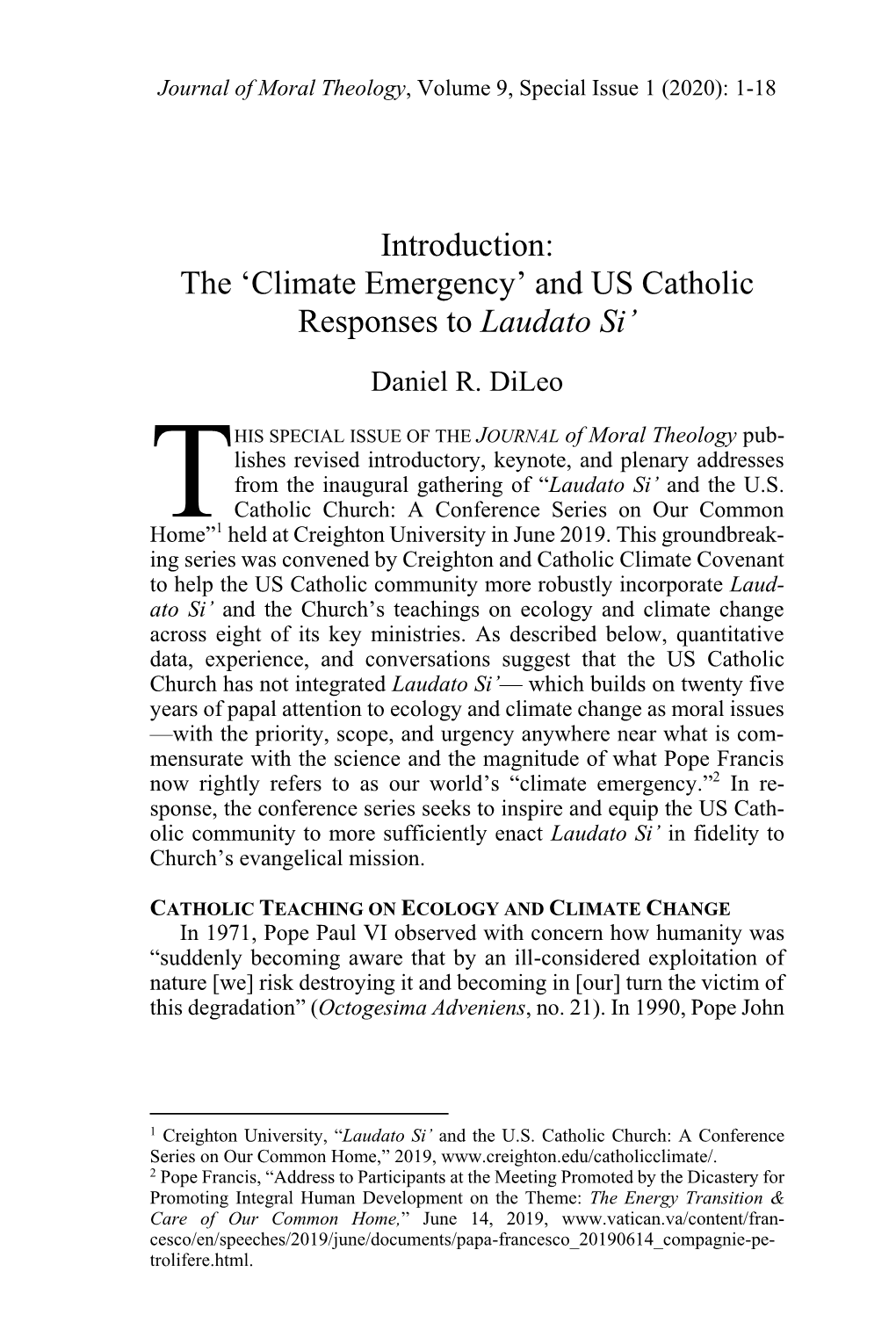 'Climate Emergency' and US Catholic Responses to Laudato