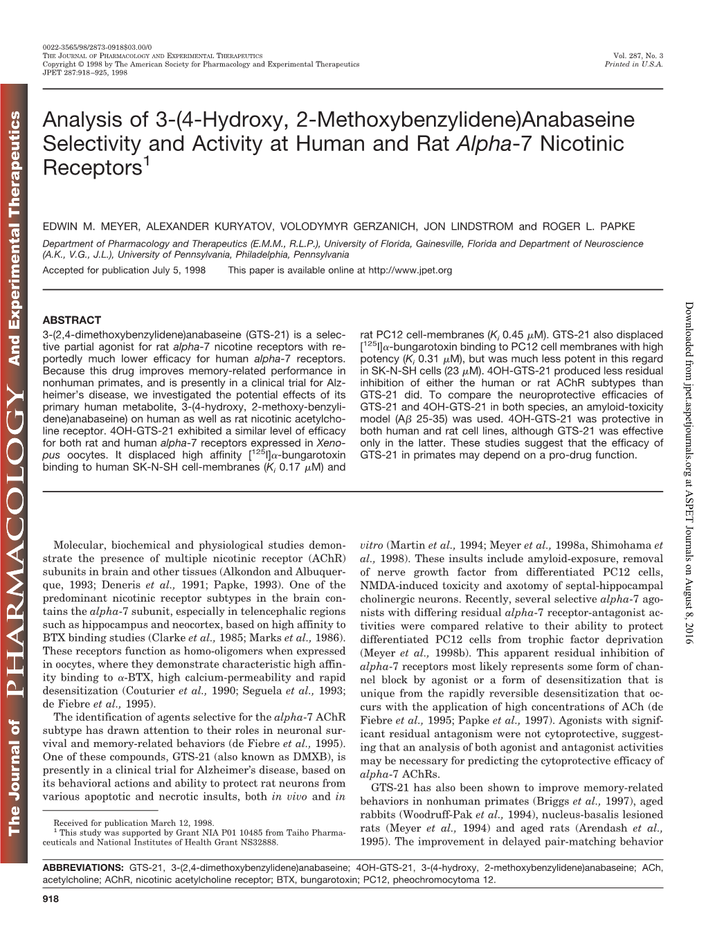 Anabaseine Selectivity and Activity at Human and Rat Alpha-7 Nicotinic Receptors1